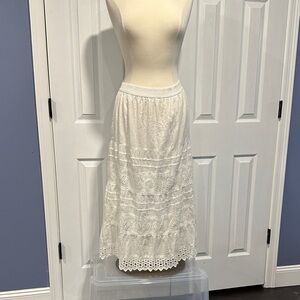 Studio West White Ivory Cotton Lace Eyelet Tiered Long / Maxi  Skirt Size M